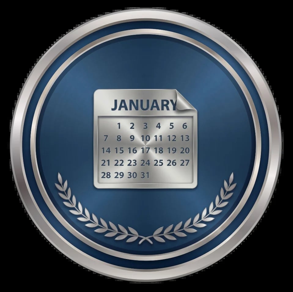 January calendar icon with silver ring border and laurel wreath design on blue circular badge