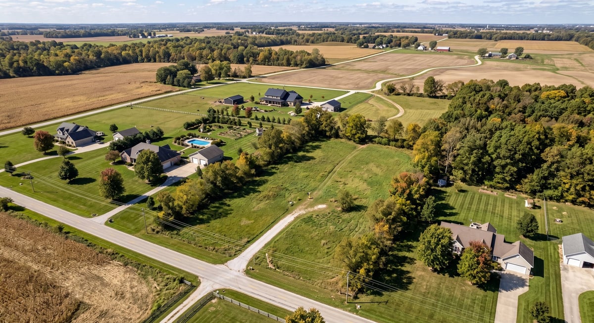 Aerial view of rural farmland with scattered houses, tree-lined properties, and winding roads through green fields