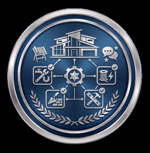 Blue circular emblem with white icons representing home services connected to a central gear, including construction, plumbing, electrical work, and customer support with a silver border